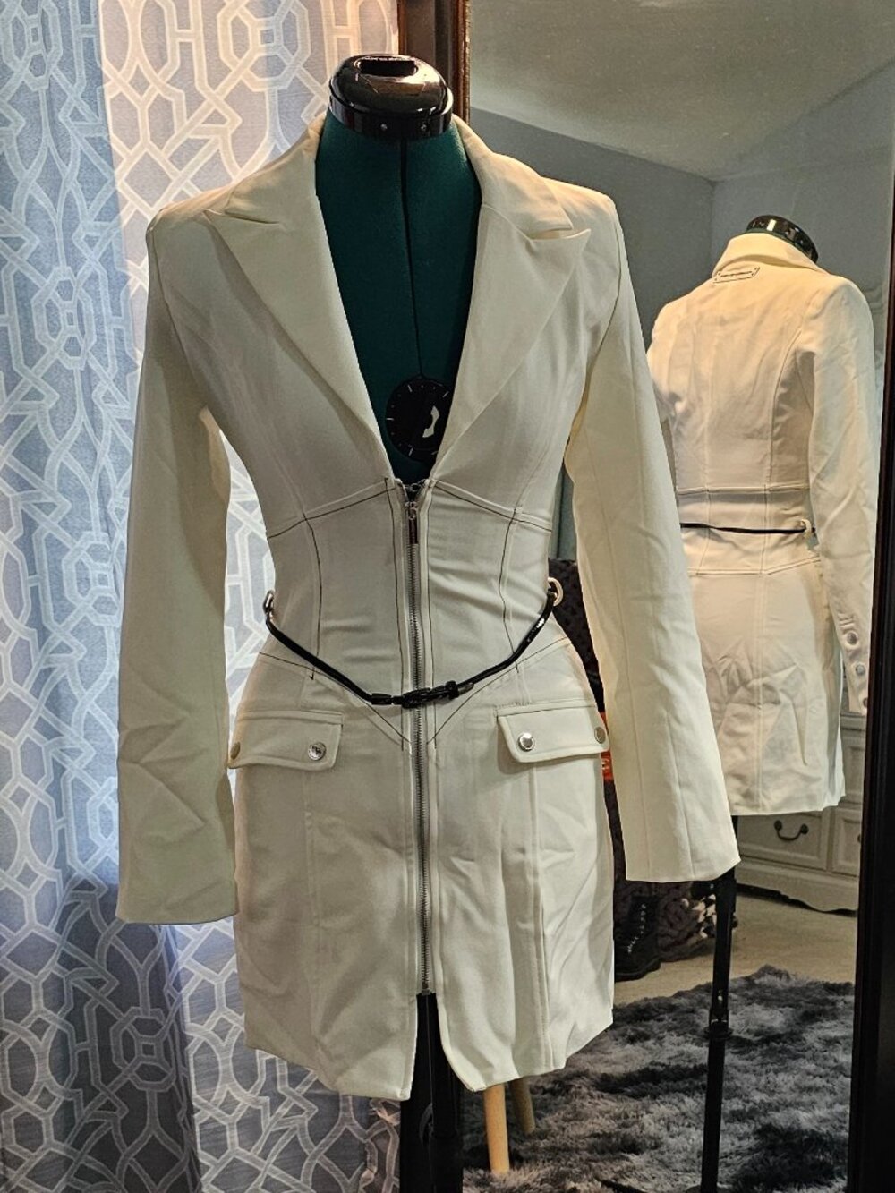 Cream Zip-Front Tailored Dress with Belt
